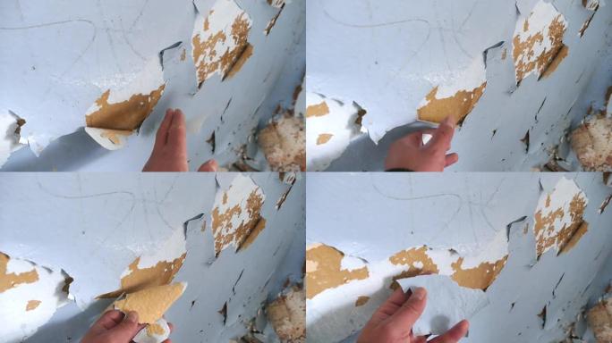 建筑物墙壁的特写镜头，油漆变形，破裂和剥落，