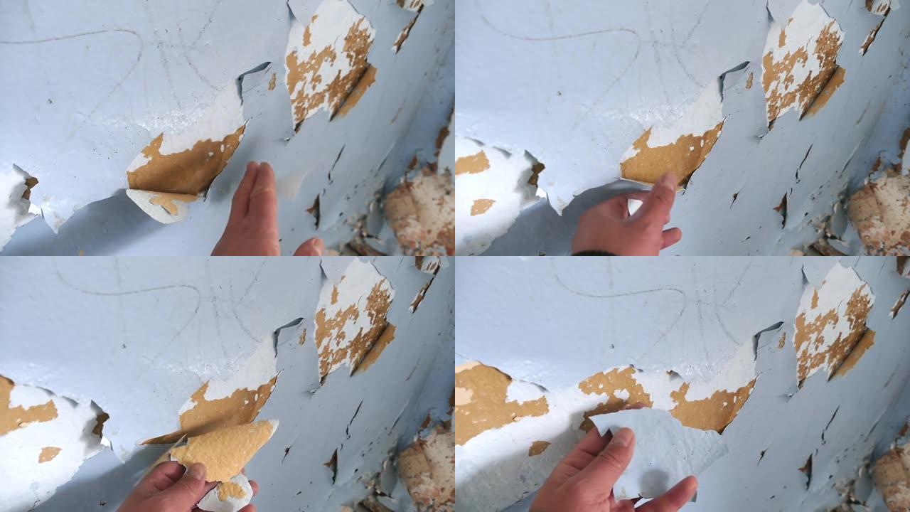 建筑物墙壁的特写镜头，油漆变形，破裂和剥落，