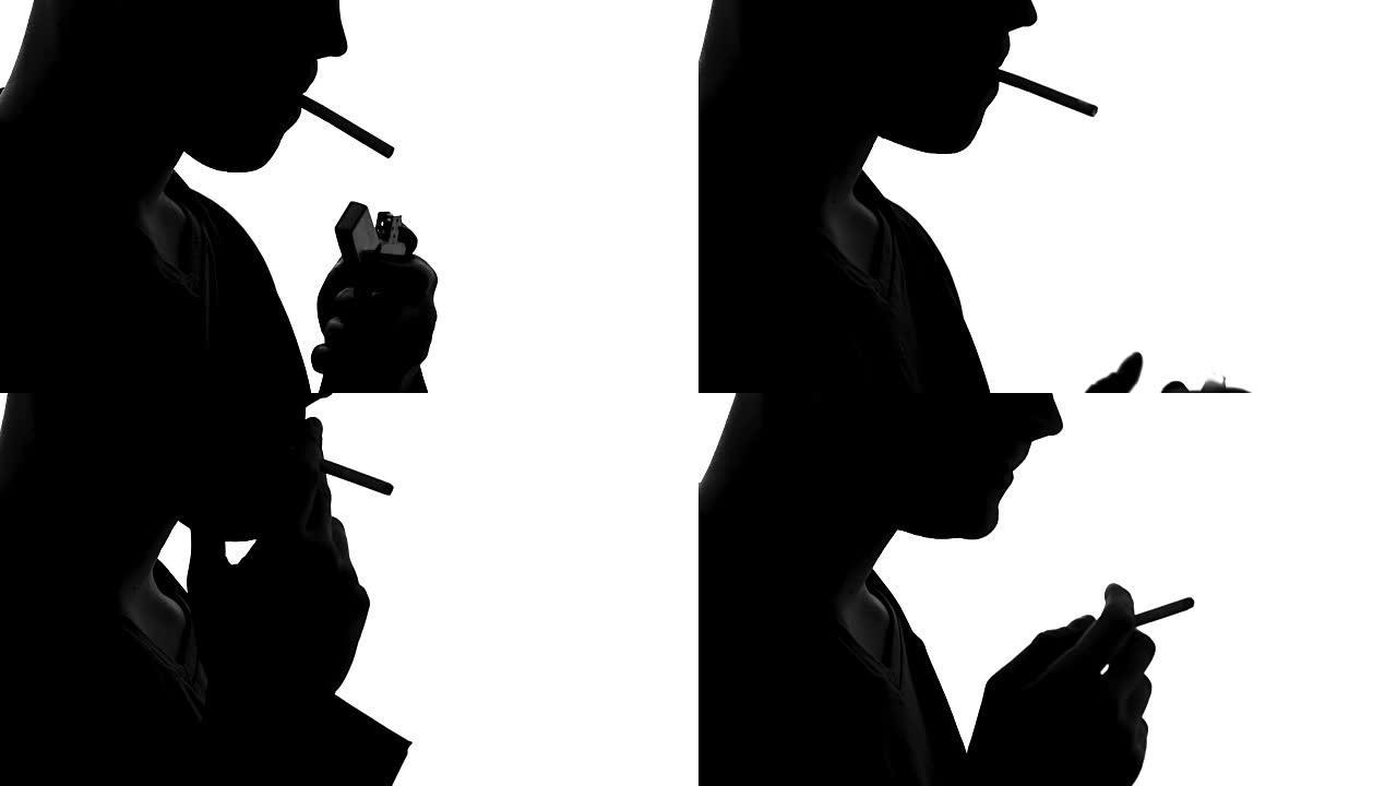 男性剪影点燃香烟，吸入烟雾和咳嗽，不良习惯
