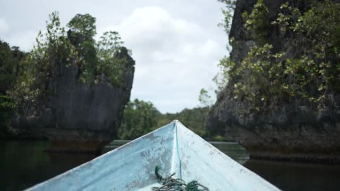 在热带水域中看到一艘小船的前部，背景是茂密的树叶