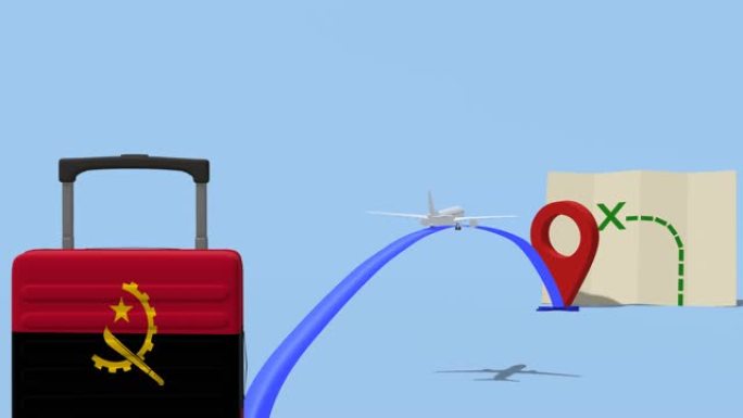 动画航空公司与位置标记和手提箱。前往-安哥拉