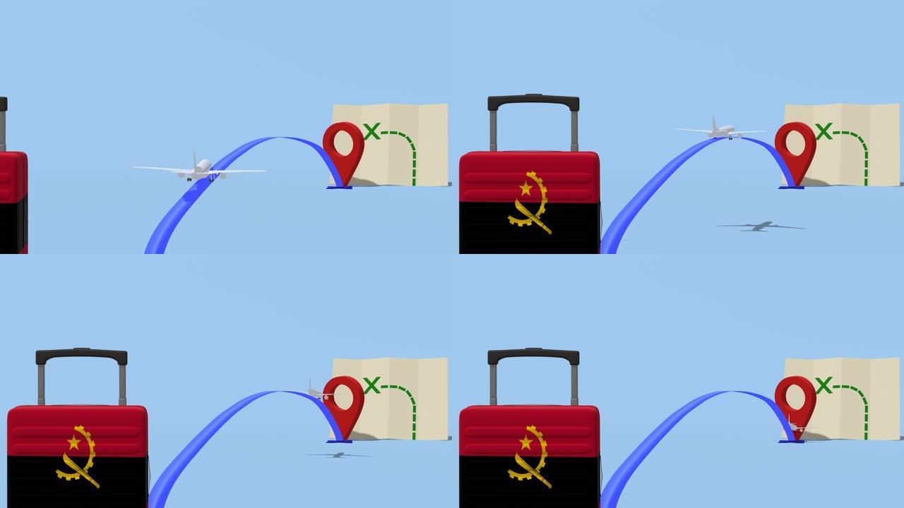 动画航空公司与位置标记和手提箱。前往-安哥拉