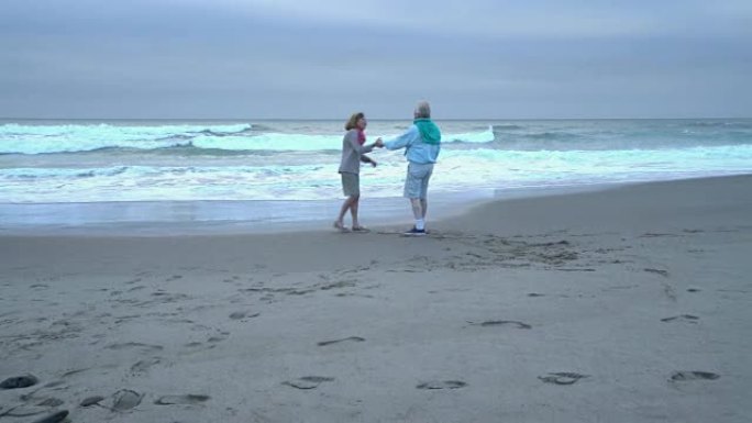 高级夫妇在海滩跳舞和玩耍