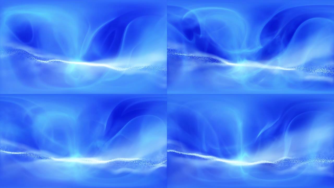 抽象复制空间亮蓝色动画与雾和3d移动闪亮线。