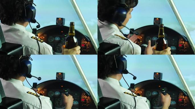 疯狂的空姐向船长提供一瓶啤酒，飞行员拒绝喝酒