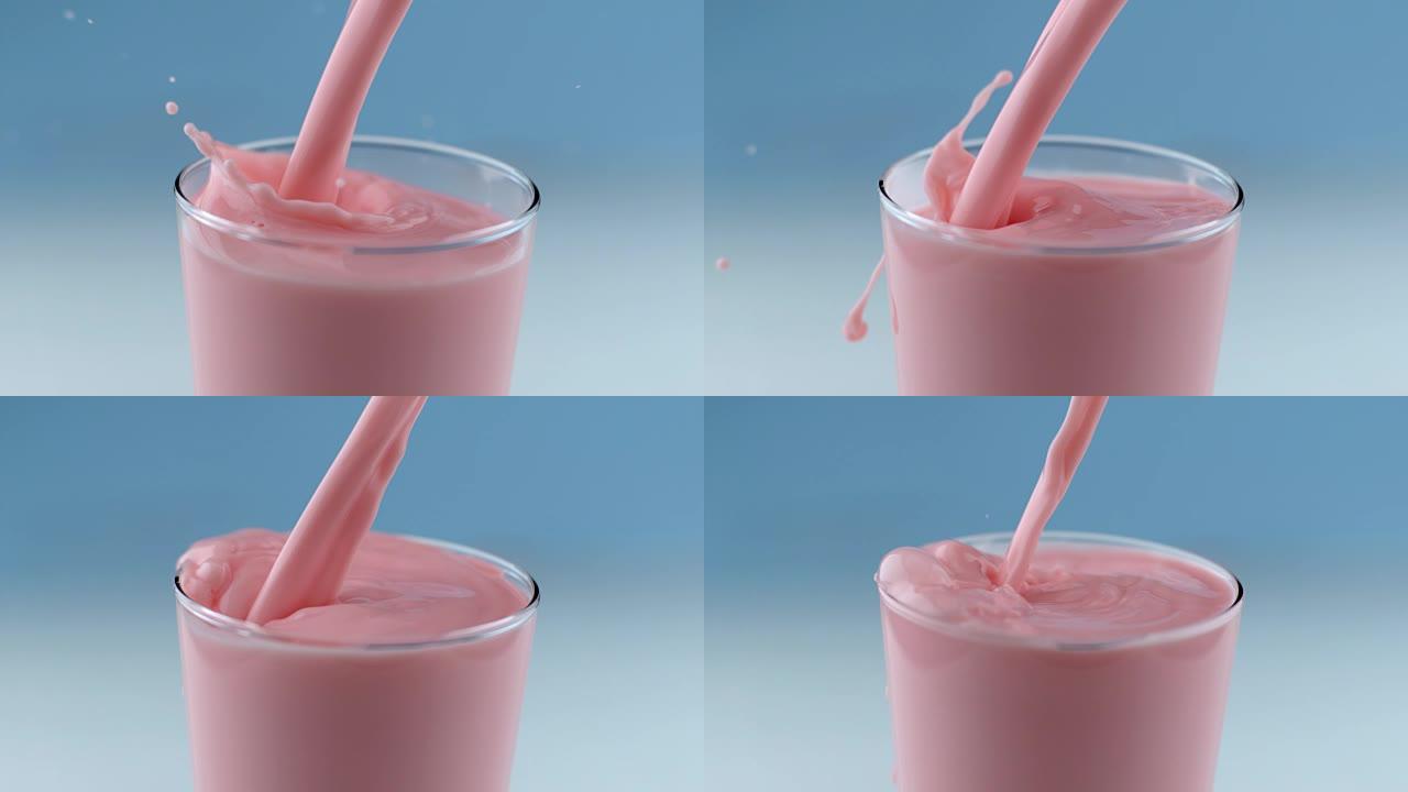 慢动作中倒出和飞溅的草莓牛奶