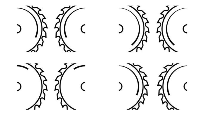 带有锋利齿的动画旋转圆锯片。木工和木工设备。白色背景上孤立的卡通循环视频