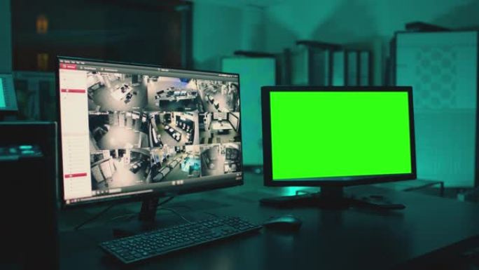 在黑暗的现代房间里，很少有绿屏显示器。监控、交易、分析房间和安全系统的概念。图片中的图片。皮普。监视