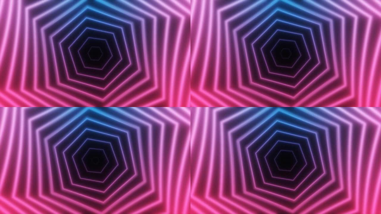 抽象发光霓虹六边形旋转紫色线能量未来高科技背景。视频4k