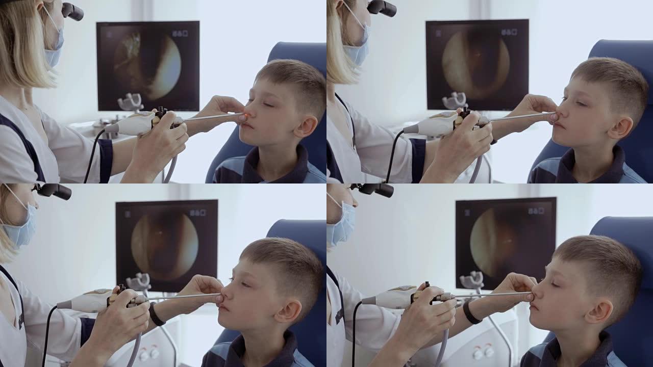 医生用耳鼻喉科望远镜检查高加索小男孩的鼻子