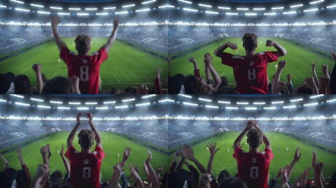 在足球锦标赛期间，球迷在体育场为他们的球队欢呼的电影镜头。球队比赛，一群球迷庆祝胜利，进球。足球杯锦