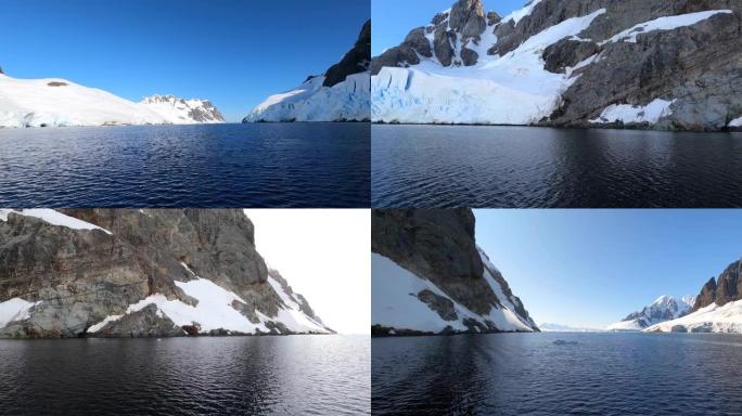 蔚蓝的天空，水面，南极雪峰时光流逝。