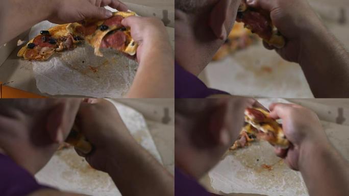 成人肥胖男性咀嚼油腻外卖披萨，垃圾食品，成瘾