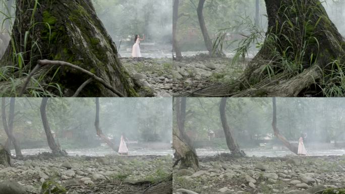 小溪边森林中的女舞者