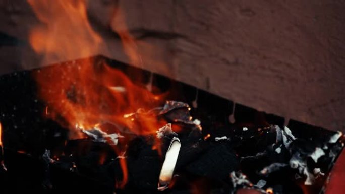 煤金属烤架。烤肉。火在烧烤炉里燃烧。大自然中的野餐。煤在火盆上燃烧着火焰，火焰木和煤火焰。在火盆上燃