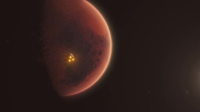 红色星球火星，太空X星舰快速接近，火箭推进器准备着陆，陨石坑和大气可见4K