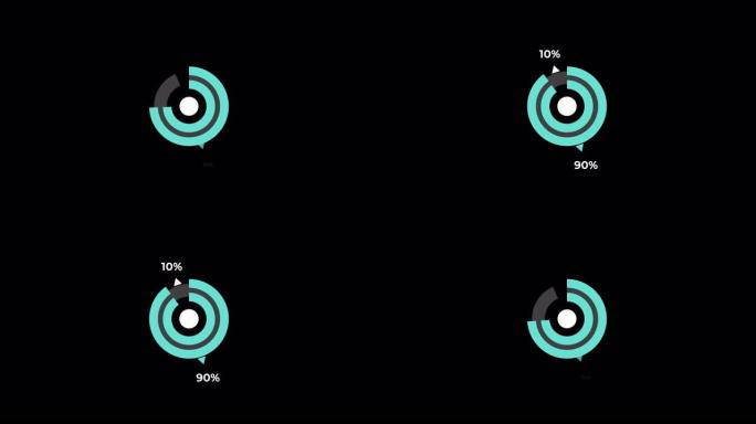 饼图0到90% 百分比信息图表加载圆环或传输，用alpha通道下载动画。