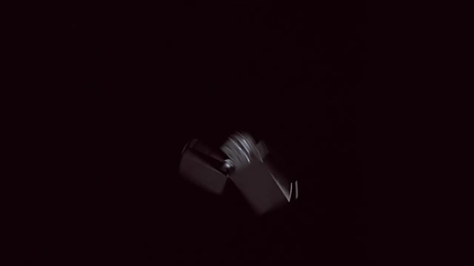 闪亮的点烟器zippo在黑色背景上飞行和旋转