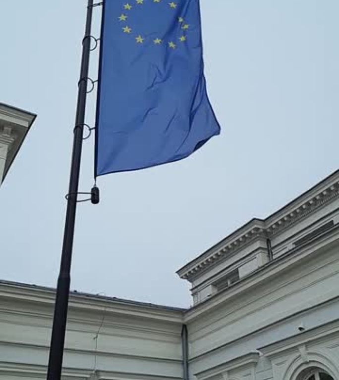 欧盟旗帜迎风飘扬。从下面看，慢动作。垂直视频。