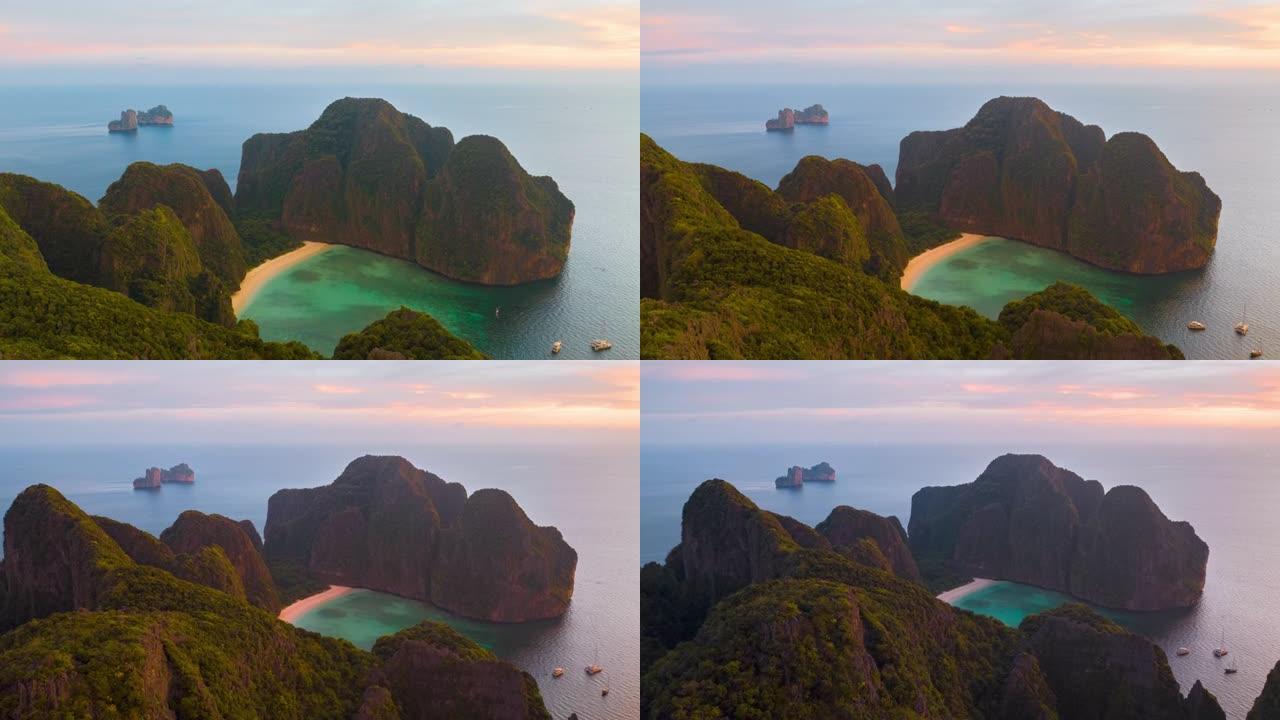 泰国披披群岛玛雅海滩旅游地标的空中延时。