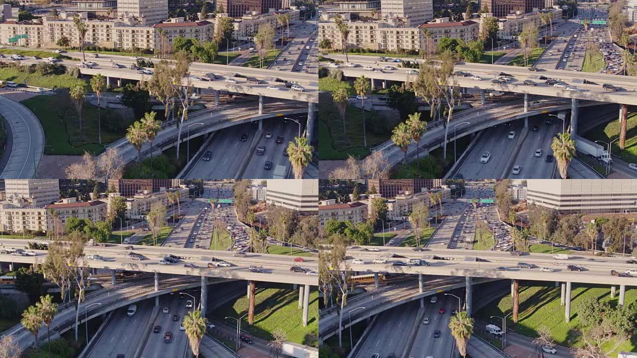 平移无人机拍摄了四级交汇处和洛杉矶市中心