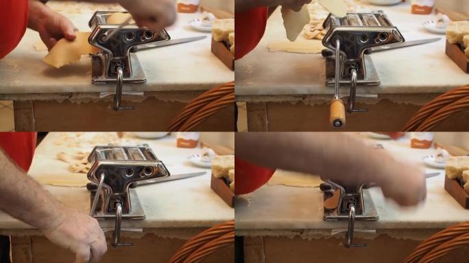 家庭厨房使用模具或意大利面机制作自制饺子、馄饨或南瓜馅的过程。准备在大理石桌板上煮馄饨，高级女性夫妇