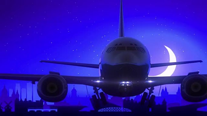 阿姆斯特丹荷兰飞机起飞月亮之夜蓝色天际线旅行