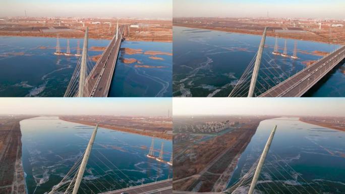 冬季河上桥梁的空中拍摄
