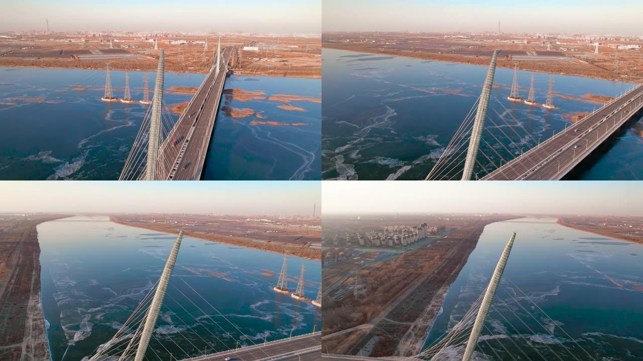 冬季河上桥梁的空中拍摄
