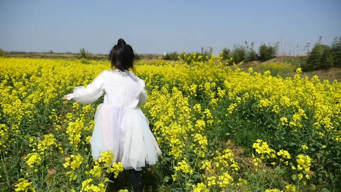 小朋友高兴的油菜花田里奔跑背影升格慢镜头