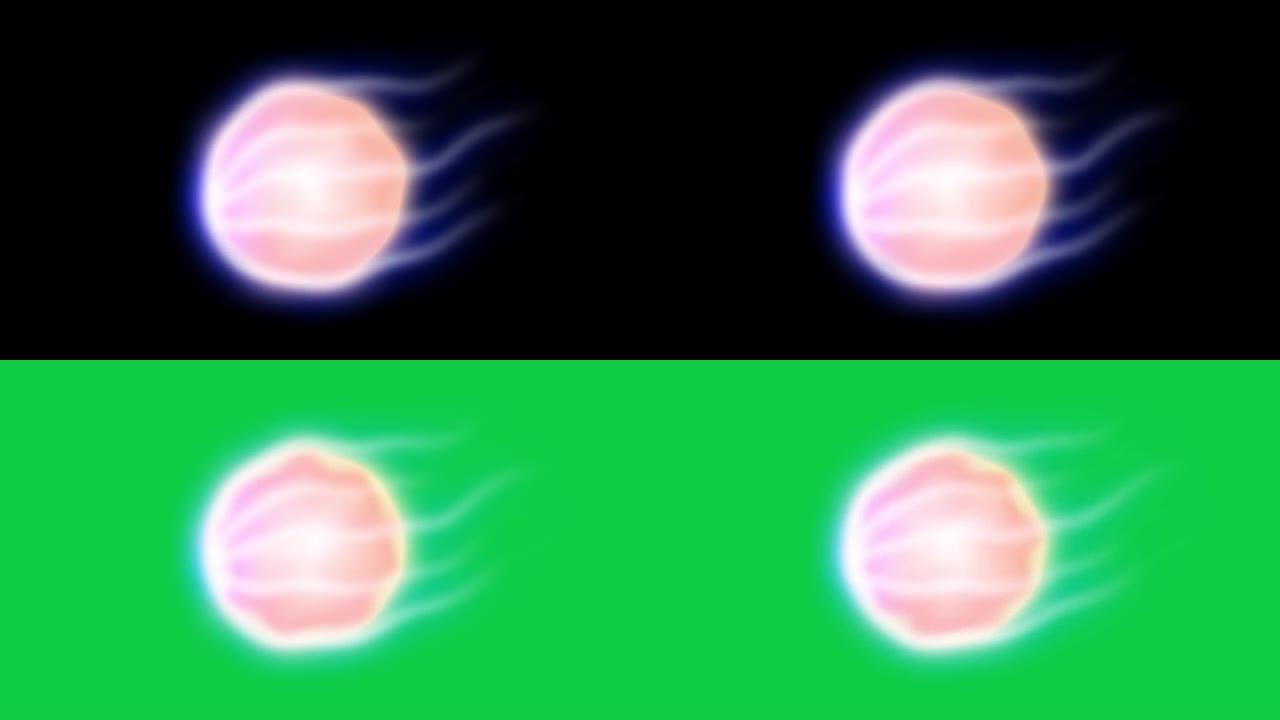 宇宙能量球，黑色和绿色背景上有橙色和蓝色的光。卡通能量效果镜头。动力球4k视频。