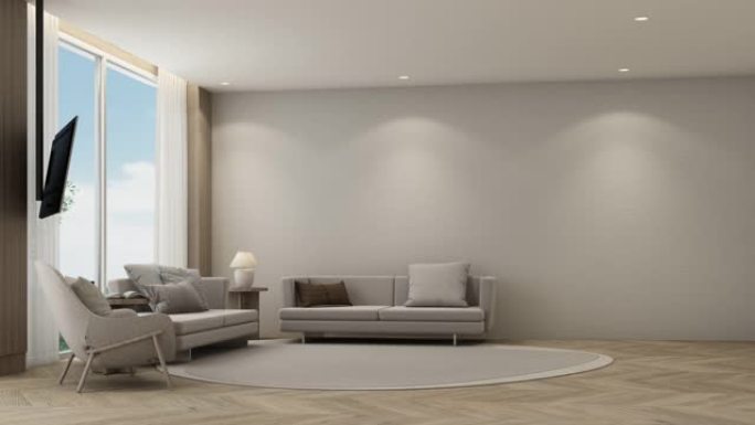 用现代简约风格的木质材料建造一个客厅室内模型，价格昂贵，配有座椅、木质镶木地板上的家具和海边的窗户。