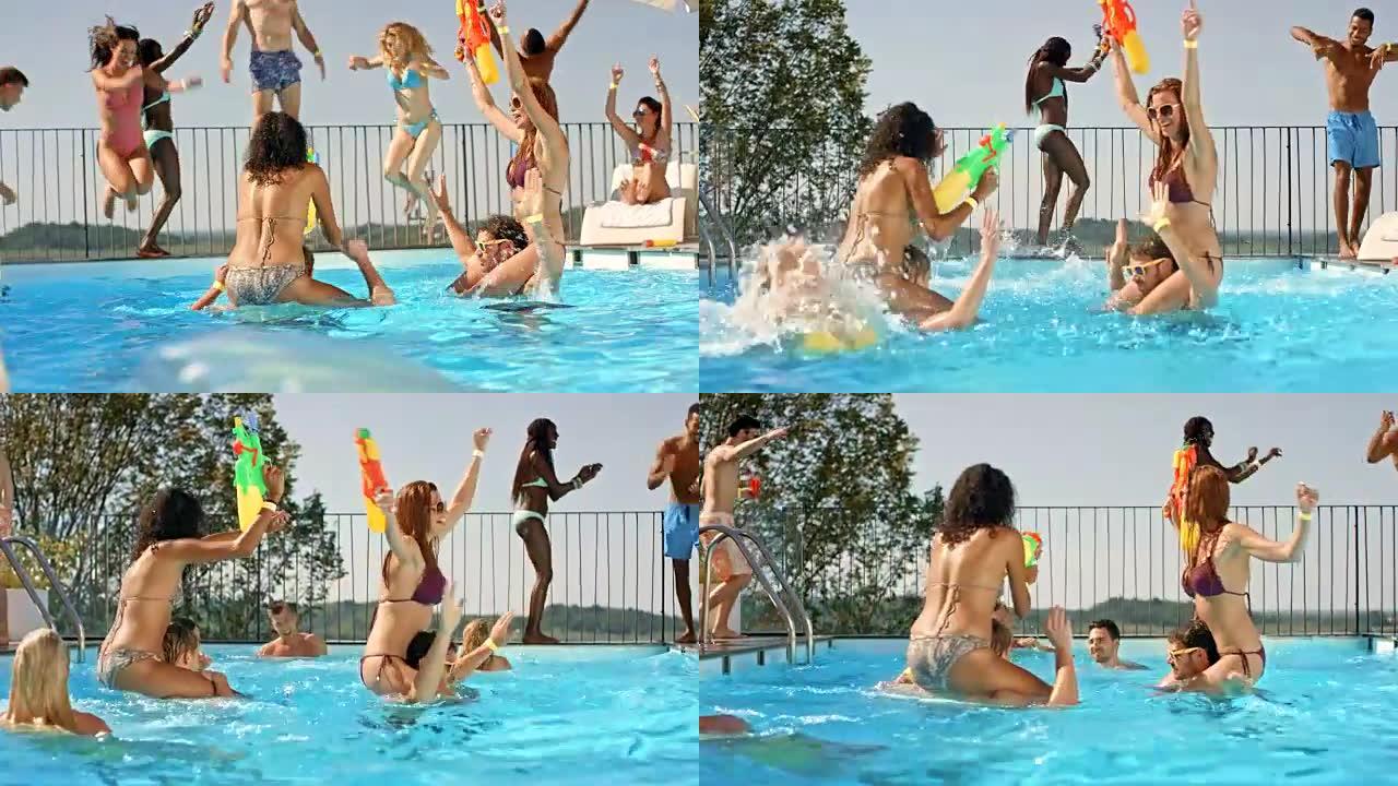 DS人在泳池派对上玩得很开心，跳进泳池跳舞