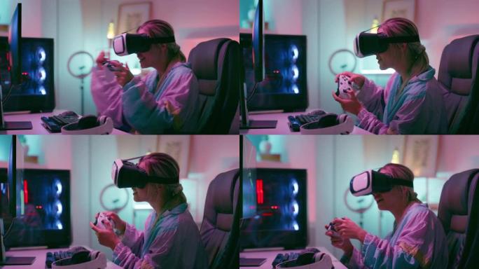 视频游戏，女人和VR护目镜，对赢得并通过控制器，metaverse和未来派在线游戏感到兴奋。女性欢呼