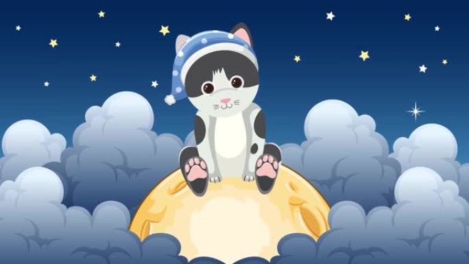 繁星点点的夜空动画中可爱的猫在月亮上