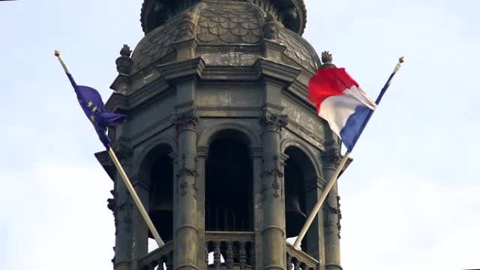 欧盟、法国两面旗帜迎风招展友谊爱国旅游