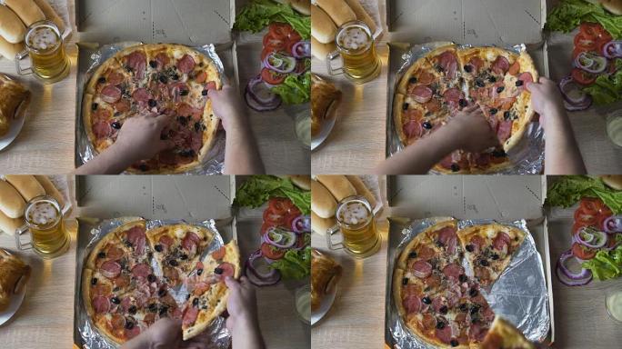 肥胖的男性暴饮暴食油腻的食物馅与巨大的比萨饼，不健康的饮食