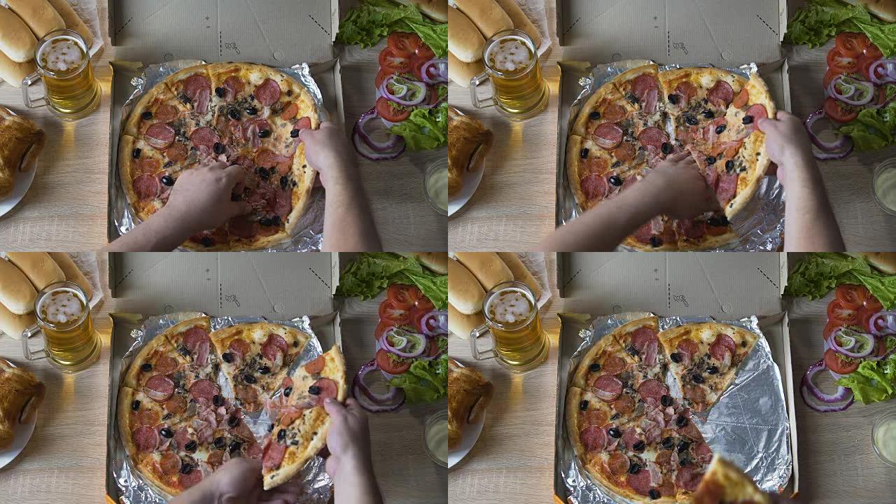 肥胖的男性暴饮暴食油腻的食物馅与巨大的比萨饼，不健康的饮食