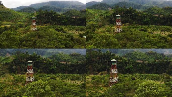 空中变焦，郁郁葱葱的绿色热带森林中间的防火瞭望塔