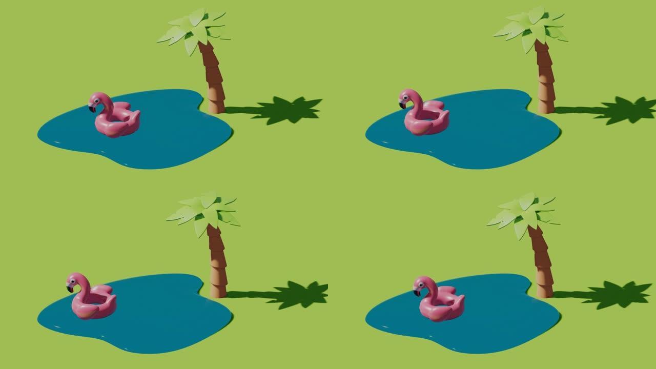 火烈鸟充气橡胶圈在水和手掌。抽象循环动画