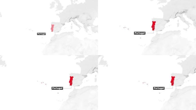 显示葡萄牙的世界地图。从上方放大。国家红色在地图上突出显示。