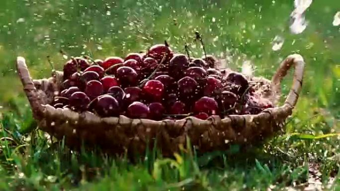 特写镜头在流水下洗净站在绿色草地上的篮子里的红樱桃浆果