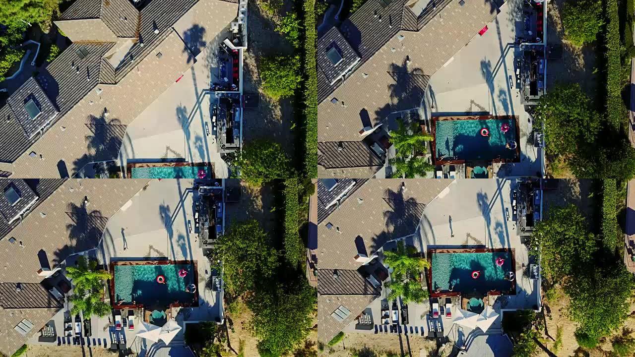 泳池派对的自上而下的无人机拍摄