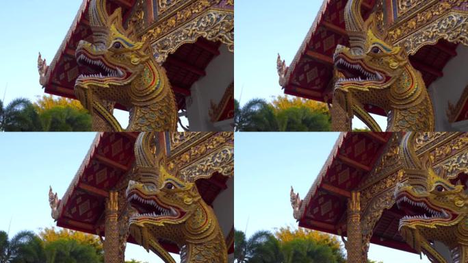 缓慢的滑动揭示了泰国寺庙中典型的纳迦雕像的特写