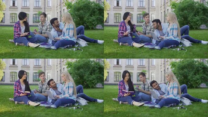 高年级学生交流，在户外校园休息，教育