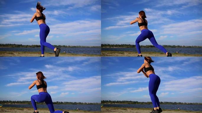 跑步者女人用弓步腿筋伸展锻炼腿伸展。健身女运动员在沙滩上放松，在力量训练有氧运动之前进行热身