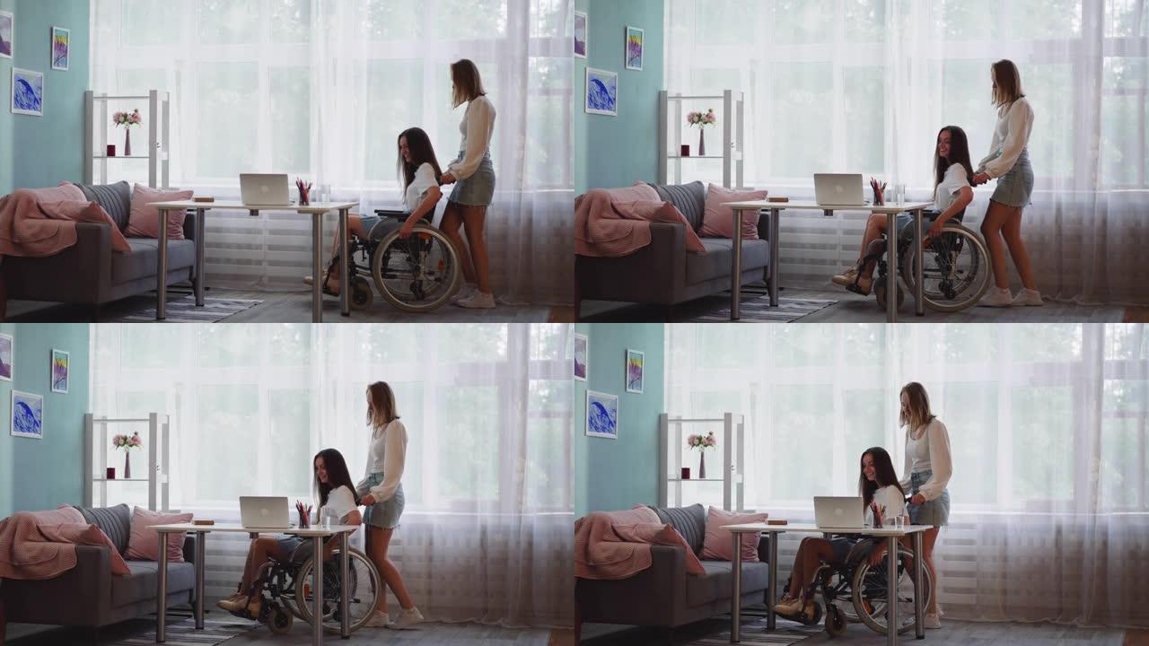 女人用肌营养不良症推轮椅上的朋友
