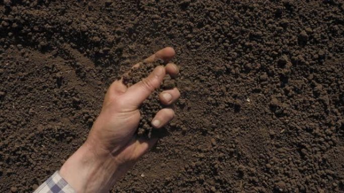 沃土整备田农业概念。一把泥土手捧泥土手田间农业农民手捧泥土有机土地。农业。肥沃的土壤。特写镜头。本空