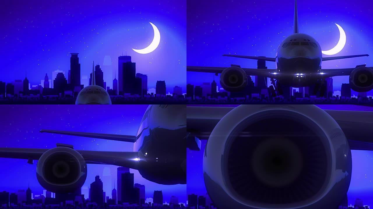 明尼阿波利斯明尼苏达州美国飞机起飞月亮之夜蓝色天际线旅行