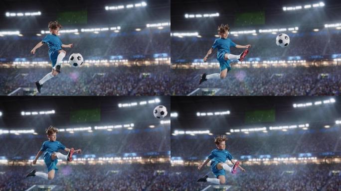 竞技儿童足球运动员在体育场空中跳跃和踢球的审美镜头，人群欢呼。超级慢动作捕捉到了一个在少年世界锦标赛